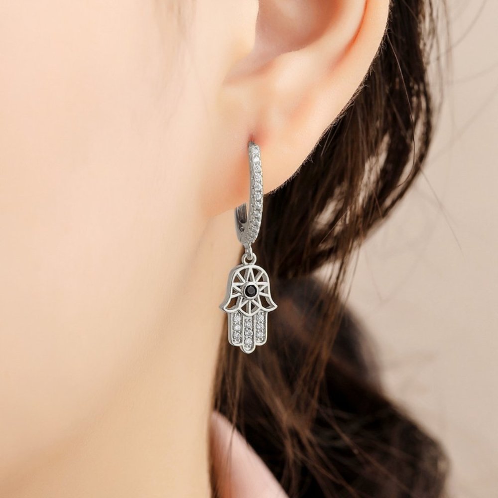Hamsa Silver Evil Eye Hand Earrings - Picture 5 of 5